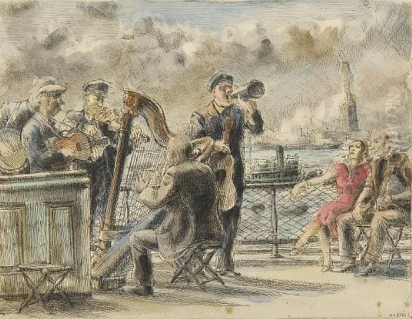 Band And Figures On A New York Harbourpleasure Cruiser - view 1