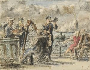 Band And Figures On A New York Harbourpleasure Cruiser