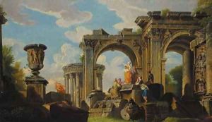 A capriccio of classical ruins, a temple, and an urn, with a sybil and other figures