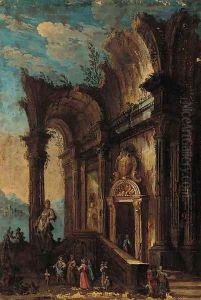 A capriccio of figures at a classical ruin A capriccio of figures at a classical ruin