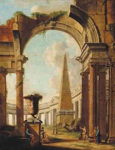 A capriccio of Roman ruins with a soldier and other figures by Giovanni Paolo Panini