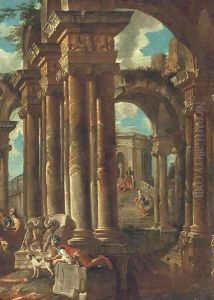A capriccio of Roman ruins with soldiers and other figures by Giovanni Paolo Panini