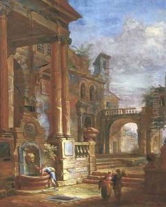 An architectural capriccio with figures by a fountain in a square