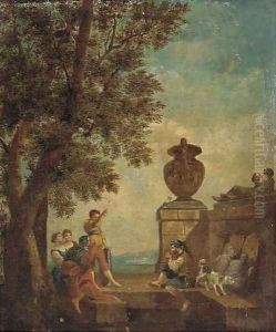 Figures conversing on a terrace with classical statuary by Giovanni Paolo Panini