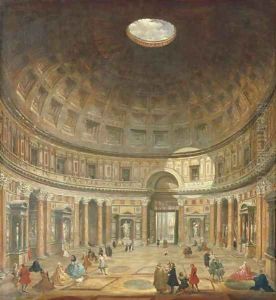 The interior of the Pantheon, Rome, looking north from the main altar towards the entrance by Giovanni Paolo Panini