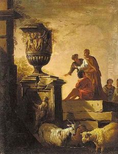 A capriccio of classical ruins with figures conversing before an urn