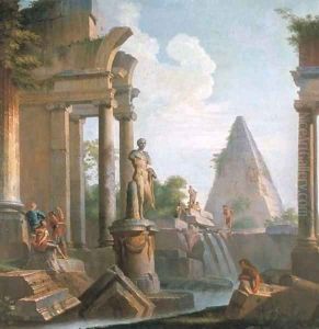 A capriccio of classical ruins with the Pyramid of Cestius