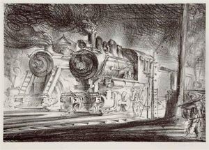 Switch Engines, Erie Yards Jersey City, Stone 3 by Reginald Marsh