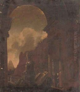 A capriccio of classical ruins, with figures conversing by a statue by Giovanni Paolo Panini