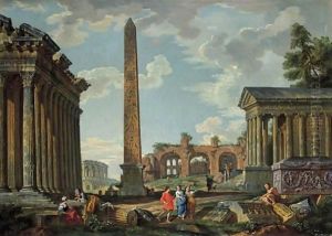 A capriccio with figures among the ruins of the Temples of Adrian and Fortuna Virile and an obelisk by Giovanni Paolo Panini
