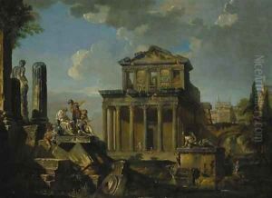 Soldiers listen to a philosopher on a pile of broken columns before the Temple of Antoninus Pius and Anna Galeria Faustina by Giovanni Paolo Panini