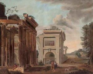 A capriccio of classical ruins with figures conversing 2 by Giovanni Paolo Panini