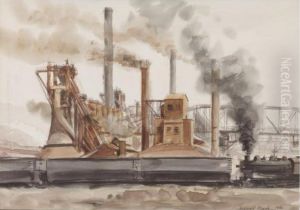 Industrial Landscape With Railroad Cars by Reginald Marsh
