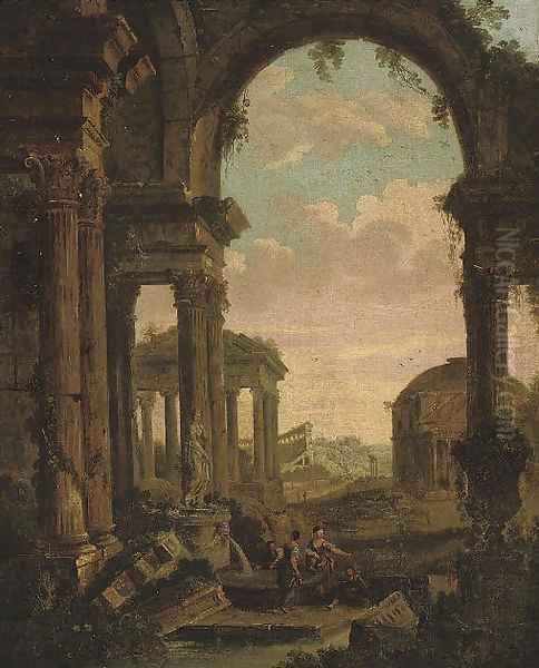 An architectural capriccio with figures amongst classical ruins, the Pantheon beyond - view 1