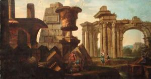 Figures amongst classical ruins by Giovanni Paolo Panini