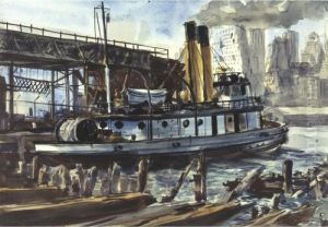 Tugboat At Dockside With New York City Skyline by Reginald Marsh