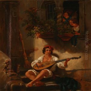 Young Neapolitan Playing The Guitar Beneith A Window Withtwo Young Girls