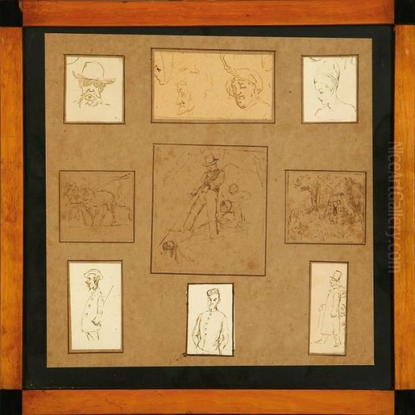 Nine Studies Of Men, Women, Horses And Landscapes, Mounted On One Sheet - view 1