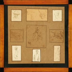 Nine Studies Of Men, Women, Horses And Landscapes, Mounted On One Sheet by Wilhelm Marstrand