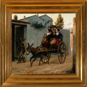 Italian Street Scenewith A Young Woman On A Donkey Cart