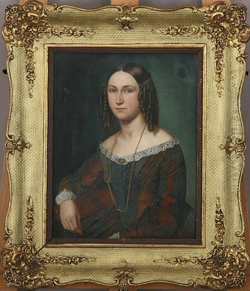 Portrait Of A Young Woman Wearing A Shimmering Burgundy Red Silk Gown. Unsigned - view 1