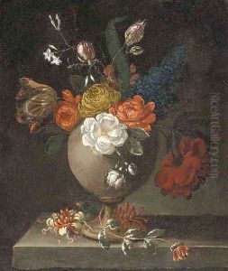 Roses, tulips and other flowers in a vase on a ledge by Bartolome Perez