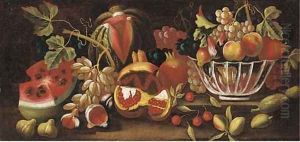 A watermelon, grapes, figs, pomegranate and a bowl