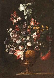 Tulips, Roses, Carnations and other Flowers in bronze Vases on stone Ledges by Bartolome Perez
