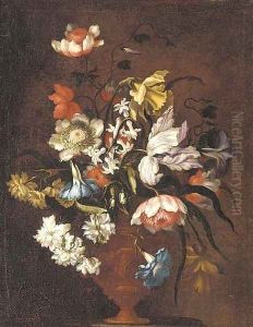 Tulips, daffodil, narcissi and morning glory in a gilt vase on a ledge by Bartolome Perez