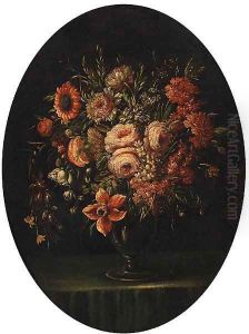 Roses, Carnations, Tulips and other Flowers in a glass Vase on a Ledge by Bartolome Perez