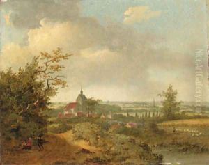 A Landscape with Travellers by a Path and Sheep and a Shepherd in a Field, a village beyond