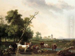 An extensive landscape with a peasant girl and a shepherd resting by a path, with cattle watering at a stream, a village beyond by Pierre Alexandre Pau de Saint-Martin