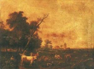 An Italianate landscape with peasants and their herds in a landscape, a town beyond by Pierre Alexandre Pau de Saint-Martin
