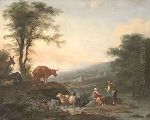 A river landscape with a shepherd, his family and their cattle - view 1