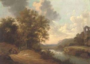 Figures on a path in a river landscape with a hilltop ruin beyond