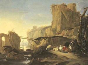 An Italianate mountain landscape with a shepherd and shepherdess resting by a river with their flock, travellers nearby
