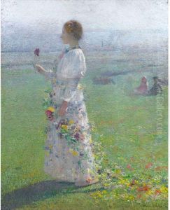 Belle Jeune Fille Marchant A Travers Les Champs Une Fleur A Lamain by Henri Martin