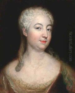 Portrait of a lady, bust-length, in a red dress with lace trim