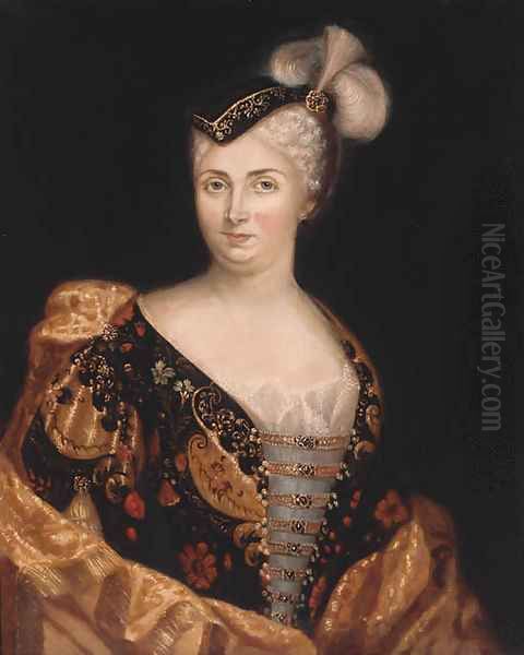 Portrait of a lady, bust-length, wearing a finely embroidered dress, a wrap and a feathered hat. - view 1