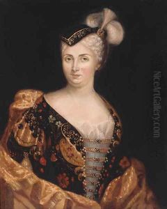 Portrait of a lady, bust-length, wearing a finely embroidered dress, a wrap and a feathered hat.