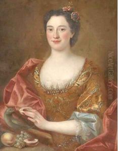 Portrait of a lady, half-length, wearing a gold-embroidered dress and feeding fruit to a parrot