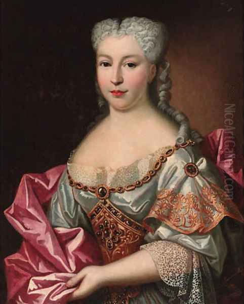 Portrait of a lady, half-length, wearing a white embroided dress with lace trim and a pink wrap - view 1