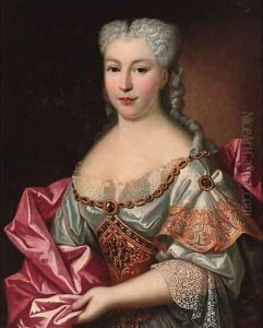 Portrait of a lady, half-length, wearing a white embroided dress with lace trim and a pink wrap