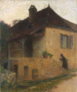 Femme Avec Un Baluchon Montant Des Marches Accedant Au Porche D'une Maison