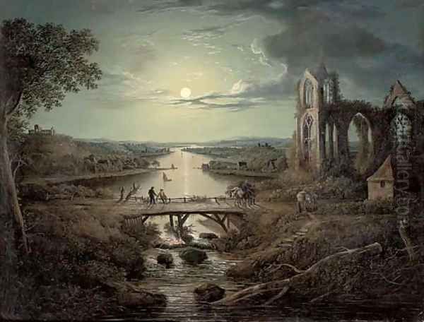 A moonlit view of the River Tweed with Melrose Abbey in the foreground and figures on a bridge - view 1