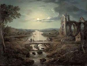 A moonlit view of the River Tweed with Melrose Abbey in the foreground and figures on a bridge