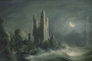 A ruined castle on a stormy moonlit coast by Abraham Pether