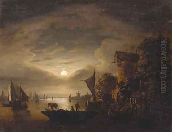 Figures with livestock on a ferry, in a moonlit river landscape - view 1