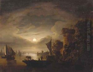 Figures with livestock on a ferry, in a moonlit river landscape by Abraham Pether