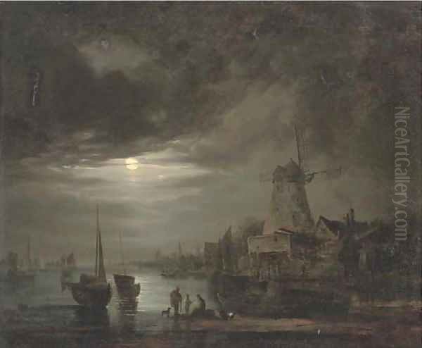 Figures on the bank of a river, by moonlight by Abraham Pether